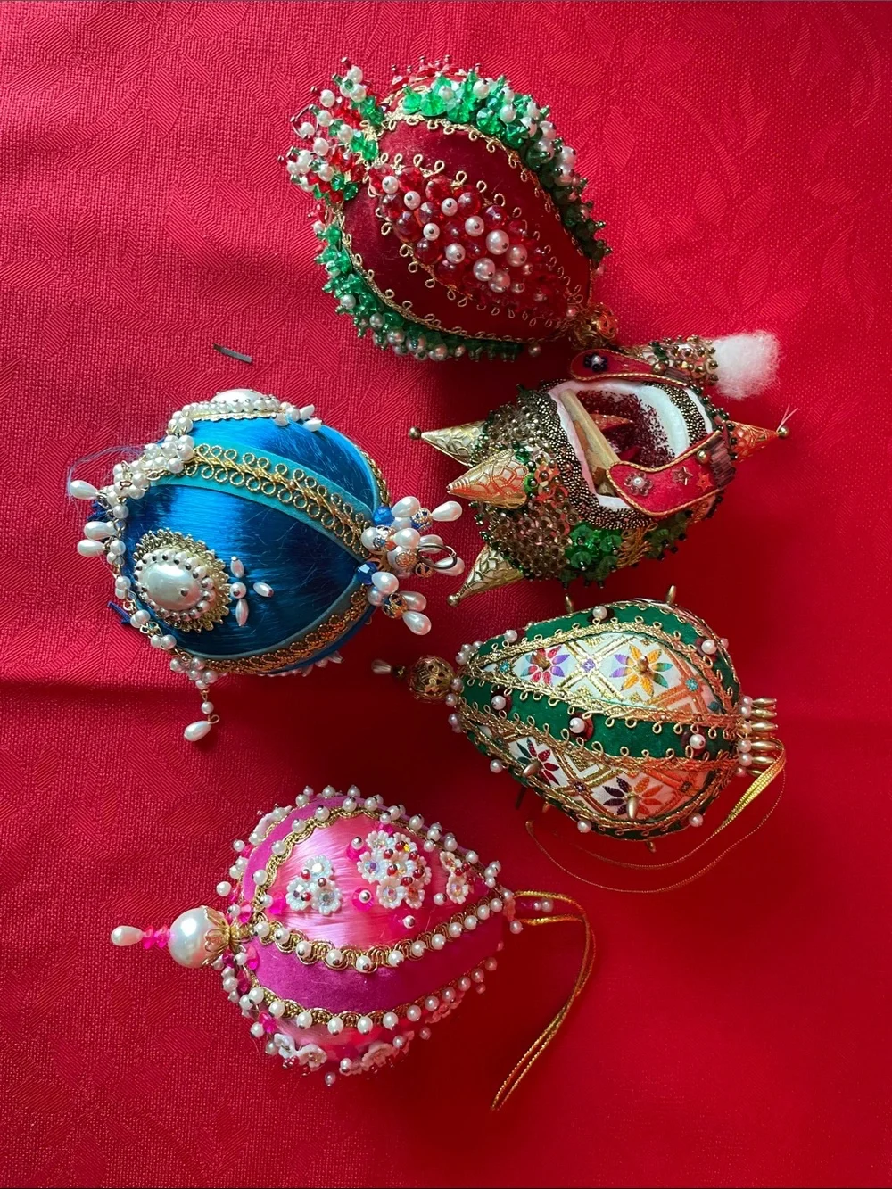 Handcrafted Blue and Multicolor Pins & Sequins Holiday Ornament Set of 5
